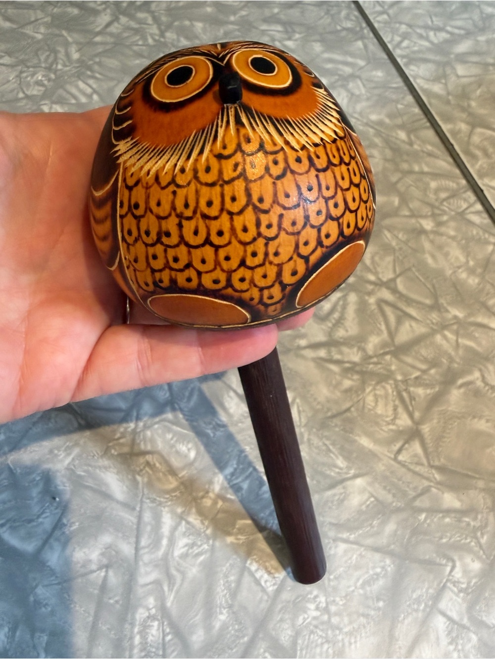 hand-carved Peruvian gourd owl maraca/rattle